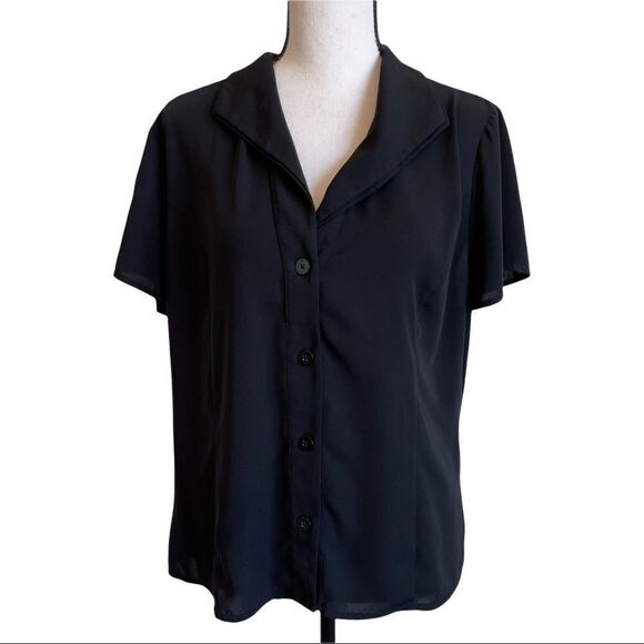 Croft & Barrow Black Collared Silky Polyester Button Front Blouse - Large - Picture 1 of 9